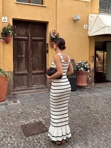 Selianne French Gentle Comfortable Striped Knit Ruffle Hem Dress Casul Long Knit Dress Elegant Party Knitwear For Homecoming Wedding Going Out Ceremony Modest - White - View 3