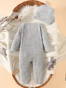 SHEIN Bộ 2 món áo liền quần dài tay gân màu xám cho bé sơ sinh, in nhung Mom's Boy, kèm mũ len cho bé tập bò - Nhiều màu - Xem 2