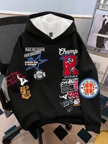 SHEIN EZwear 女款休閒寬鬆連帽衛衣，秋冬服飾，返校穿搭，街頭風，日常外出，派對，夏季，黑色圖案 - 彩色 - 查看 6