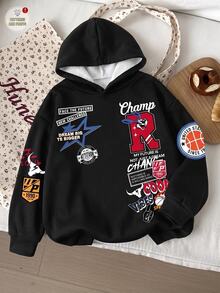 SHEIN EZwear 女款休閒寬鬆連帽衛衣，秋冬服飾，返校穿搭，街頭風，日常外出，派對，夏季，黑色圖案 - 彩色 - 查看 8