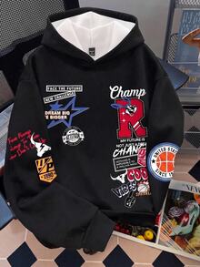 SHEIN EZwear 女款休閒寬鬆連帽衛衣，秋冬服飾，返校穿搭，街頭風，日常外出，派對，夏季，黑色圖案 - 彩色 - 查看 7