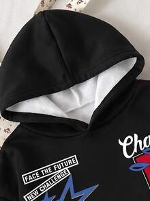SHEIN EZwear 女款休閒寬鬆連帽衛衣，秋冬服飾，返校穿搭，街頭風，日常外出，派對，夏季，黑色圖案 - 彩色 - 查看 4