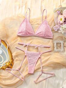 DelicateAllure مجموعة ملابس داخلية دانتيل مثيرة (حمالة صدر بدون أسلاك + سروال داخلي + حزام جوارب مع أحزمة الساق، مجموعة من 3 قطع) - وردي فاتح - مشاهدة 1
