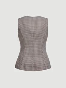 SHEIN MOD Plus Size Autumn Sleeveless Plaid Blazer Vest & Wide Leg Straight Pants Set, Asymmetric Front Design, Urban Casual, Old Money Style, Young Lady, Office Wear, Elegant Commute - Multicolor - View 6