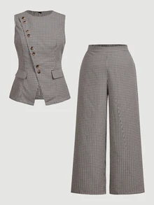 SHEIN MOD Plus Size Autumn Sleeveless Plaid Blazer Vest & Wide Leg Straight Pants Set, Asymmetric Front Design, Urban Casual, Old Money Style, Young Lady, Office Wear, Elegant Commute - Multicolor - View 9