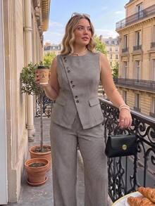 SHEIN MOD Plus Size Autumn Sleeveless Plaid Blazer Vest & Wide Leg Straight Pants Set, Asymmetric Front Design, Urban Casual, Old Money Style, Young Lady, Office Wear, Elegant Commute - Multicolor - View 11