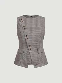 SHEIN MOD Plus Size Autumn Sleeveless Plaid Blazer Vest & Wide Leg Straight Pants Set, Asymmetric Front Design, Urban Casual, Old Money Style, Young Lady, Office Wear, Elegant Commute - Multicolor - View 5