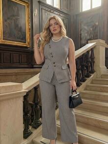 SHEIN MOD Plus Size Autumn Sleeveless Plaid Blazer Vest & Wide Leg Straight Pants Set, Asymmetric Front Design, Urban Casual, Old Money Style, Young Lady, Office Wear, Elegant Commute - Multicolor - View 12