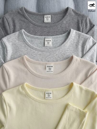 SHEIN Teen Girl Teen Girls T-Shirts Knit Multi-Color Crew Neck Long Sleeve Casual T-Shirt 4pcs Set