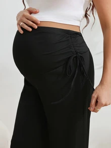 SHEIN Celana Hamil Wanita Hitam yang Modis dan Nyaman untuk Pemotretan Pengungkapan Jenis Kelamin Bayi di Musim Gugur, Bentuk Lembut dan Nyaman - Hitam - View 4