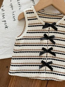 Baby Girl Knitted Contrast Color Striped Casual Top, Summer, Stylish - Khaki - View 6