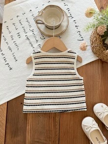 Baby Girl Knitted Contrast Color Striped Casual Top, Summer, Stylish - Khaki - View 2