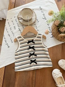 Baby Girl Knitted Contrast Color Striped Casual Top, Summer, Stylish - Khaki - View 3