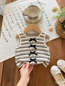 Baby Girl Knitted Contrast Color Striped Casual Top, Summer, Stylish - Khaki - View 5