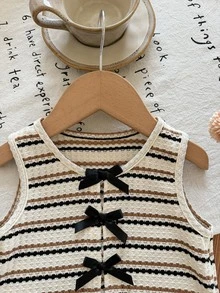 Baby Girl Knitted Contrast Color Striped Casual Top, Summer, Stylish - Khaki - View 4