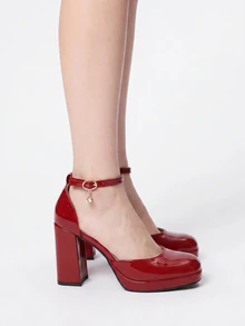 ROMWE Kawaii Red Square Toe Mary Jane Platform Chunky High Heel Shoes Dress With Rhinestone Buckle, Hollow Out Design, Thick Sole For Fashionable And Sexy Look, Elegant, Party - Red - View 3