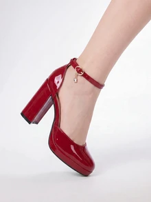 ROMWE Kawaii Red Square Toe Mary Jane Platform Chunky High Heel Shoes Dress With Rhinestone Buckle, Hollow Out Design, Thick Sole For Fashionable And Sexy Look, Elegant, Party - Red - View 5