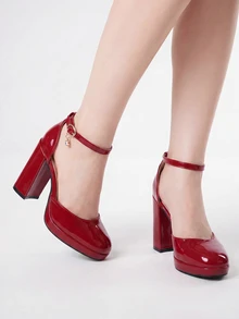 ROMWE Kawaii Red Square Toe Mary Jane Platform Chunky High Heel Shoes Dress With Rhinestone Buckle, Hollow Out Design, Thick Sole For Fashionable And Sexy Look, Elegant, Party - Red - View 6