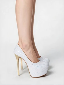 ROMWE Grunge Punk Women's Stiletto Heel Shoes With Sequin, Platform For Dancing Performances - White - View 2