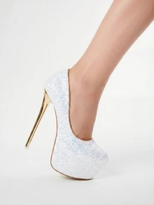 ROMWE Grunge Punk Women's Stiletto Heel Shoes With Sequin, Platform For Dancing Performances - White - View 4