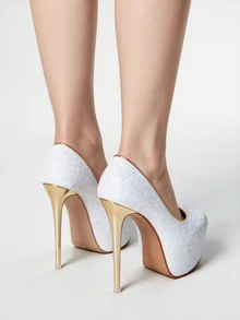 ROMWE Grunge Punk Women's Stiletto Heel Shoes With Sequin, Platform For Dancing Performances - White - View 5