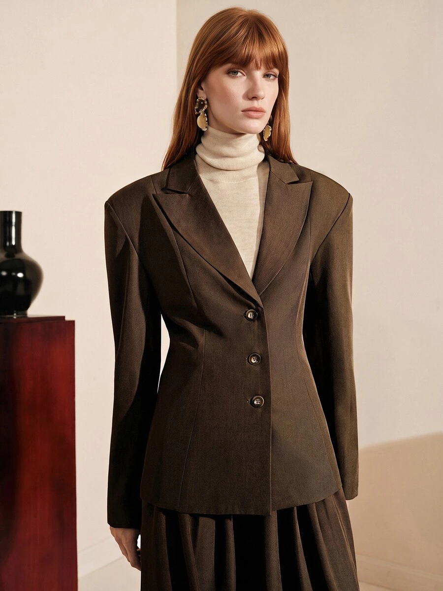 Arave Neutral Style Single-Breasted Diagonal Twill Fabric Women's Blazer, Casual Commute Urban Modern Jacket - Brown - View 1