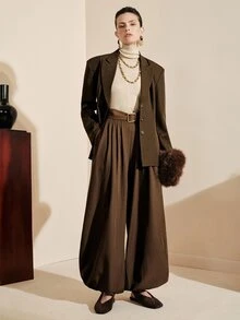Arave 中性風單排釦斜紋布女款西裝外套，休閒通勤都市現代夾克 - 棕色 - 查看 2
