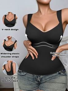 SHEIN Women's Shaping Camisole, Tummy Control, Simple Design, Can Be Worn As Outerwear, With Built-In Bra, Women's Shapewear. - Black - View 4