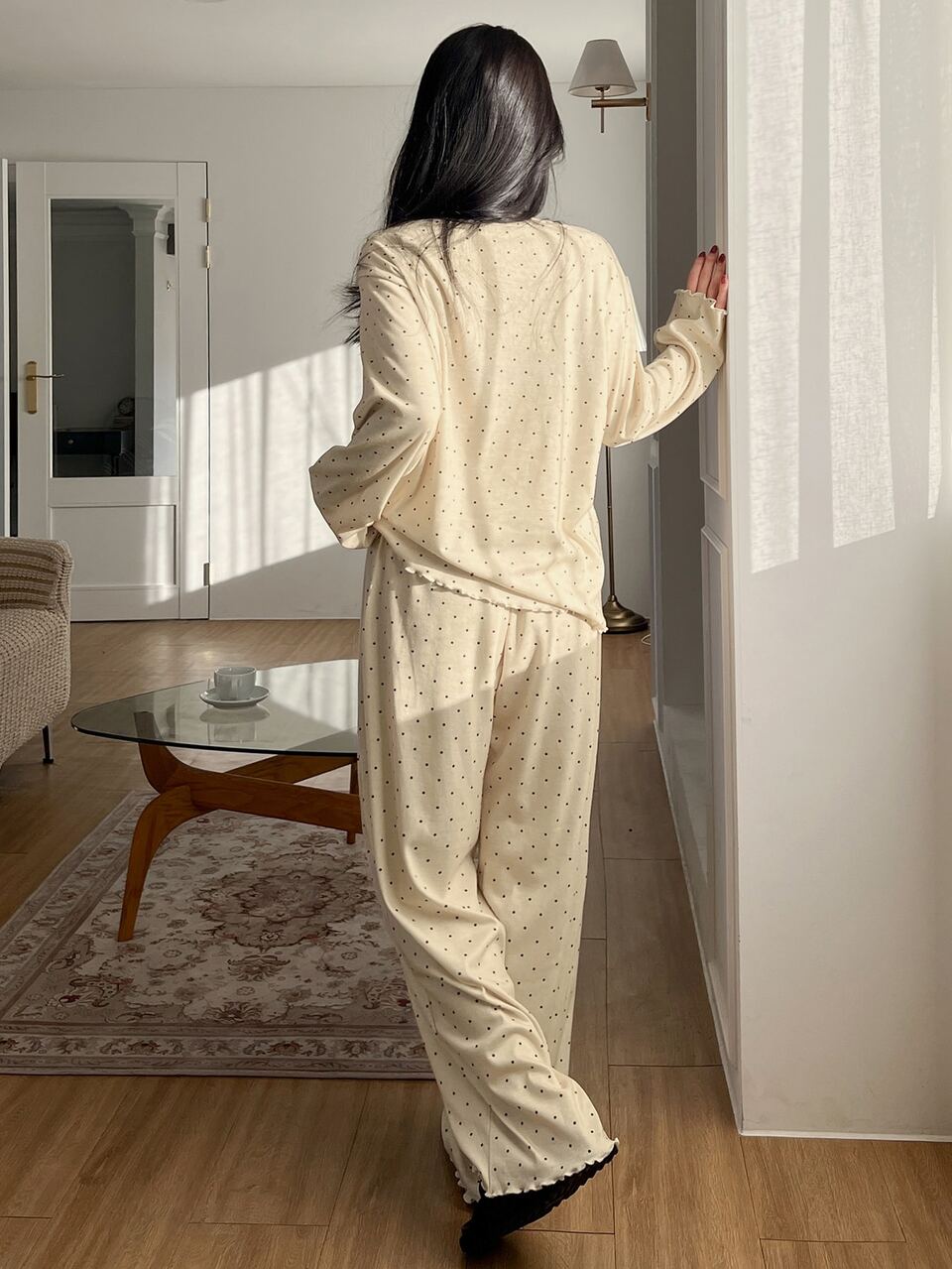 Polka Dot Print Full Foliage Lettuce Trim Loose Pajama Set, Fall Winter Clothes