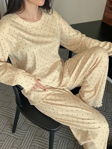 DAZY Polka Dot Print Full Foliage Lettuce Trim Loose Pajama Set, Fall Winter Clothes - Yellow - View 6