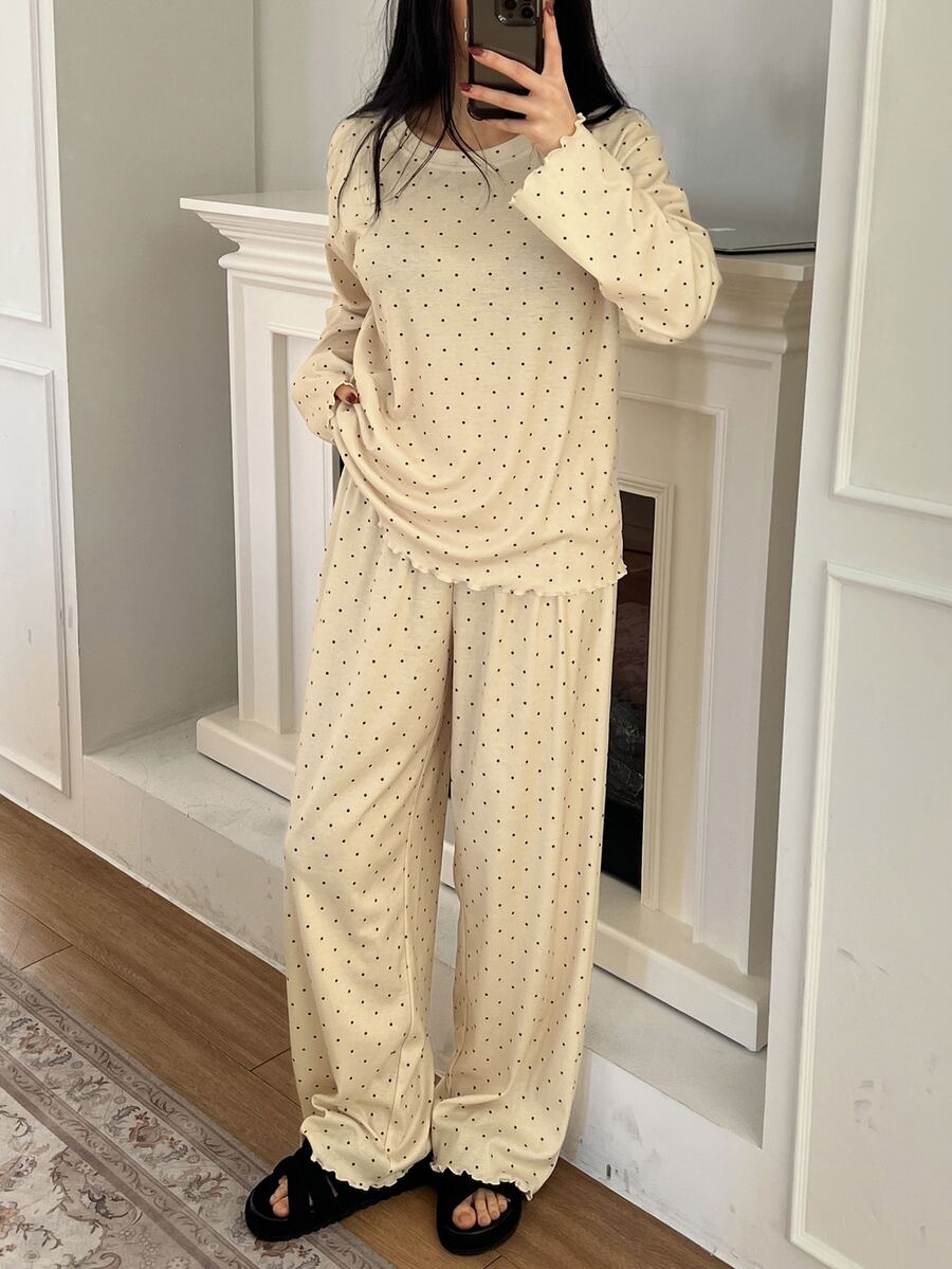 DAZY Polka Dot Print Full Foliage Lettuce Trim Loose Pajama Set, Fall Winter Clothes - Yellow - View 1