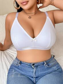 DesireSculpt Plus Size Solid Color Bow Decor Spaghetti Strap Minimalist Comfortable Bra - White - View 6