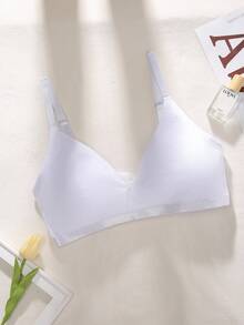 DesireSculpt Plus Size Solid Color Bow Decor Spaghetti Strap Minimalist Comfortable Bra - White - View 4