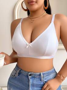 DesireSculpt Plus Size Solid Color Bow Decor Spaghetti Strap Minimalist Comfortable Bra - White - View 5