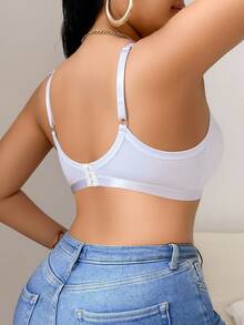 DesireSculpt Plus Size Solid Color Bow Decor Spaghetti Strap Minimalist Comfortable Bra - White - View 2
