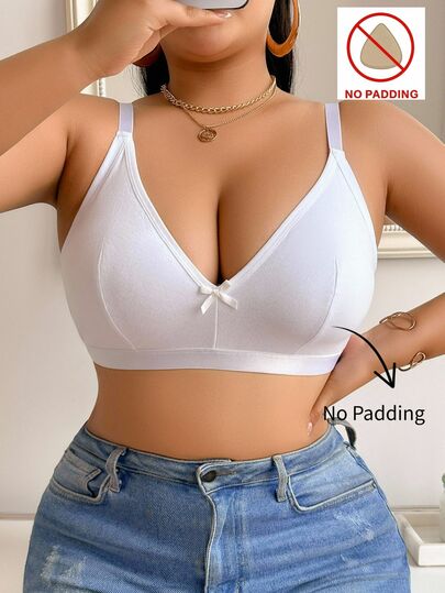 DesireSculpt Plus Size Solid Color Bow Decor Spaghetti Strap Minimalist Comfortable Bra