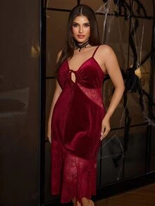 SilkySpell Halloween Theme Spider Web Lace Mesh Patchwork Korean Velvet Sexy Plus Size Nightgown - Burgundy - View 4