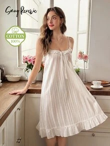 Snug Reverie Women's 100% Pure Cotton Jacquard White Bow Tie Strap Nightgown Dress Loungewear - White - View 1
