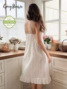 Snug Reverie Women's 100% Pure Cotton Jacquard White Bow Tie Strap Nightgown Dress Loungewear - White - View 2