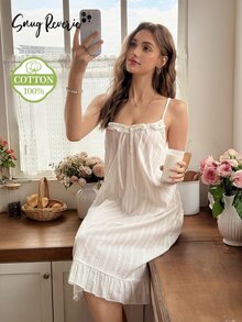 Snug Reverie Women's 100% Pure Cotton Jacquard White Bow Tie Strap Nightgown Dress Loungewear - White - View 5