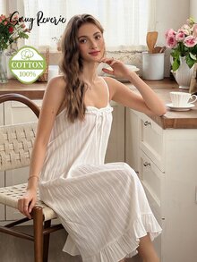 Snug Reverie Women's 100% Pure Cotton Jacquard White Bow Tie Strap Nightgown Dress Loungewear - White - View 4