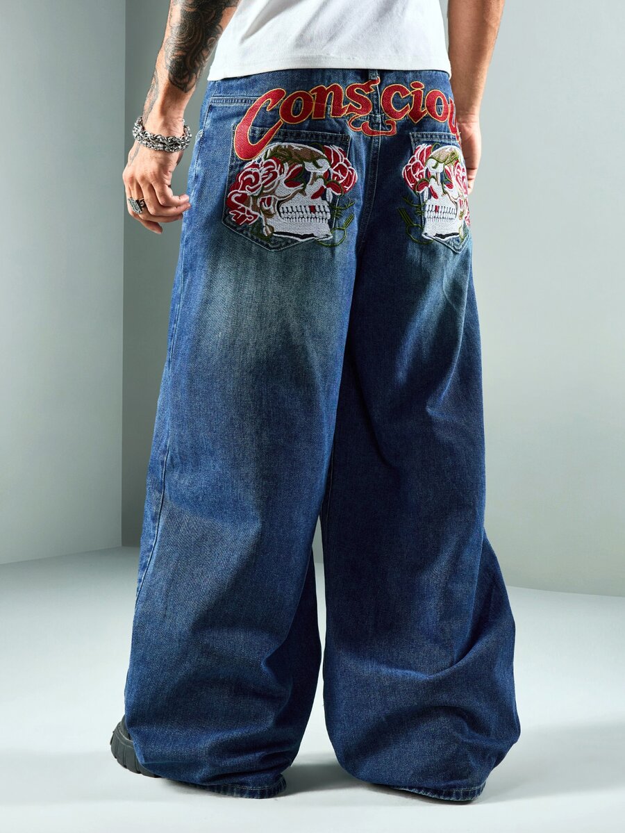 ROMWE MEN Men's Embroidered Pattern Loose Fit Jeans - Blue - View 1