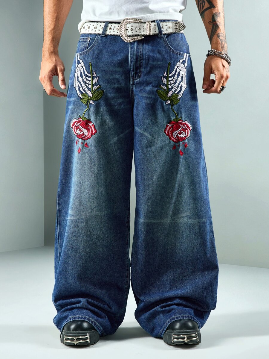 ROMWE MEN 男士刺繡圖案寬鬆牛仔褲 - 藍色 - 查看 1
