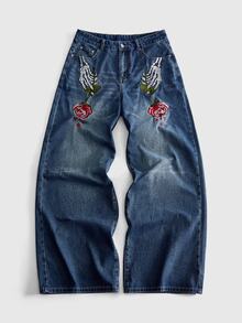 ROMWE MEN Men's Embroidered Pattern Loose Fit Jeans - Blue - View 5