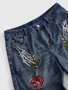 ROMWE MEN Men's Embroidered Pattern Loose Fit Jeans - Blue - View 6