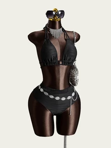 Bonvoyette 2件組 2026新款黑色波浪紋高腰綁繩比基尼套裝，性感海灘度假/假期泳裝，適合女性夏季 - 黑色 - 查看 4