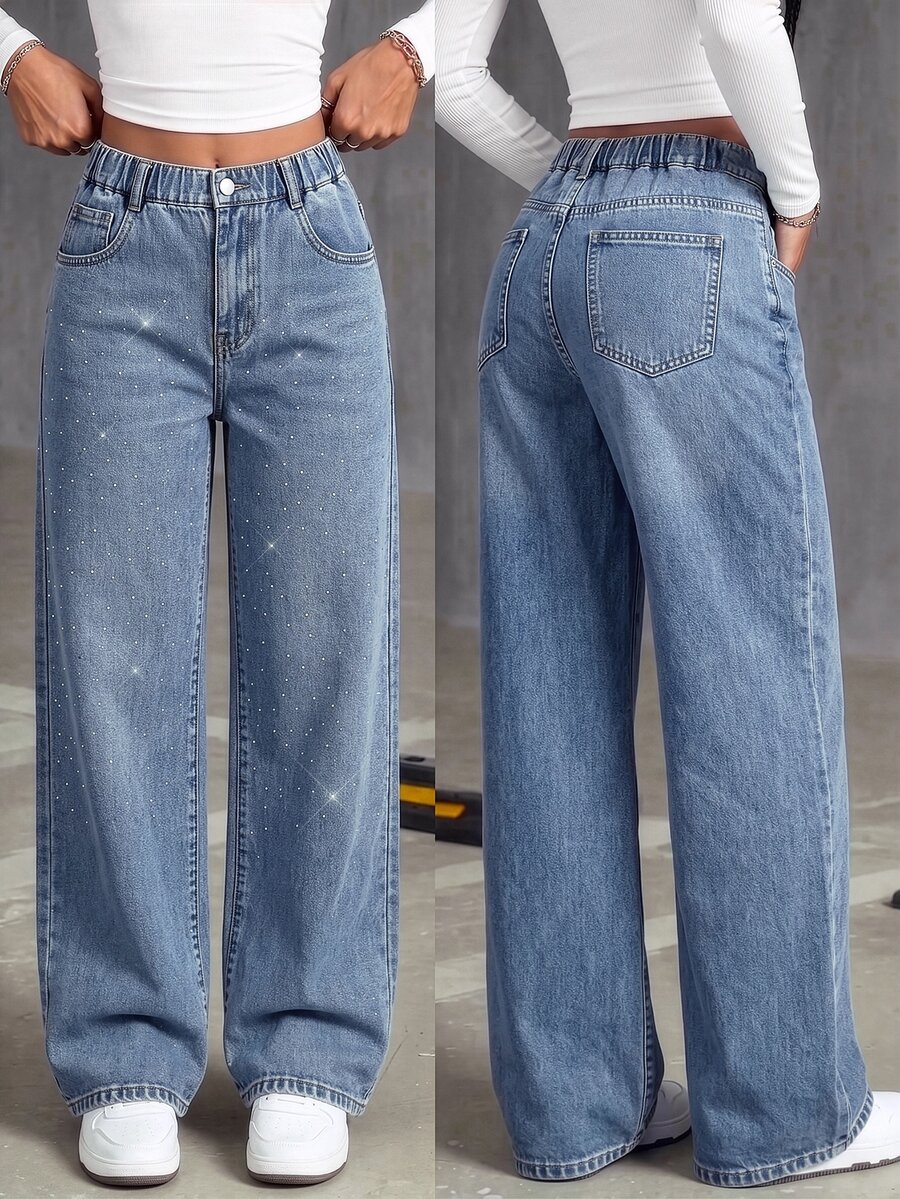 Teen Girl Y2K Style Urban Street Vibe, Sequin And Rhinestone Decor Details, Comfortable Asymmetric Elastic Waist Wide Leg Jeans, Back To School, Daily Essential - Medium Wash - View 1