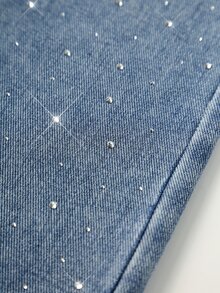 Teen Girl Y2K Style Urban Street Vibe, Sequin And Rhinestone Decor Details, Comfortable Asymmetric Elastic Waist Wide Leg Jeans, Back To School, Daily Essential - Medium Wash - View 5