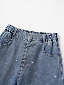 Teen Girl Y2K Style Urban Street Vibe, Sequin And Rhinestone Decor Details, Comfortable Asymmetric Elastic Waist Wide Leg Jeans, Back To School, Daily Essential - Medium Wash - View 4