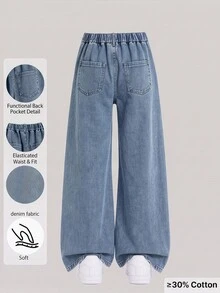 Teen Girl Y2K Style Urban Street Vibe, Sequin And Rhinestone Decor Details, Comfortable Asymmetric Elastic Waist Wide Leg Jeans, Back To School, Daily Essential - Medium Wash - View 2